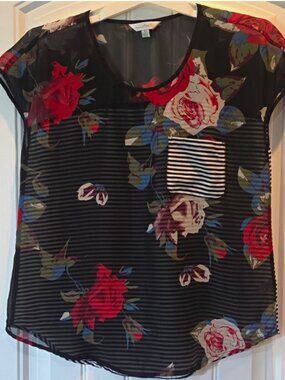 Charming Charlie Womens Black Floral Sheer Chiffon Blouse Pocket Cap Sleeve M